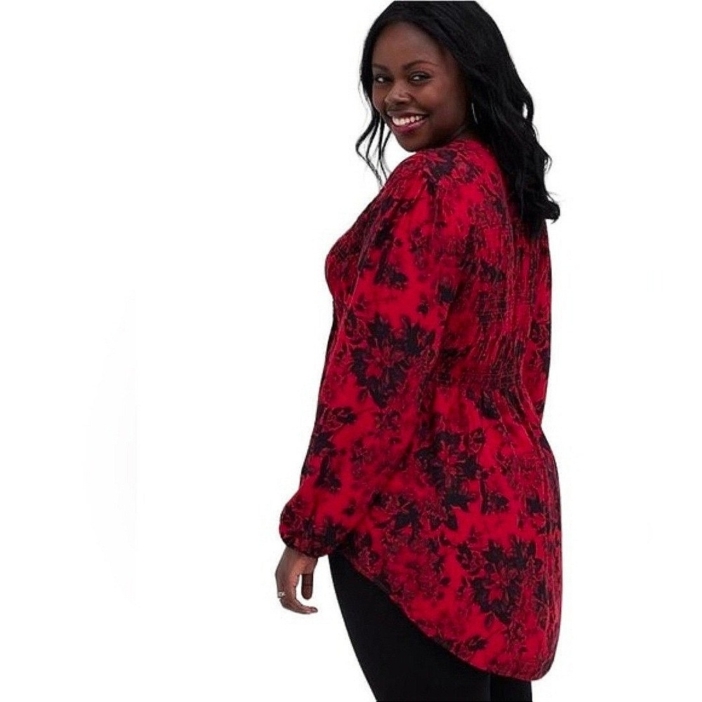 Torrid Tunic Top Womens Smocked Floral Button Down Red Black 2X NEW - Picture 13 of 13